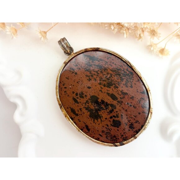Mahogany Obsidian Oval Crystal Shaped Large Silver Toned Vintage Pendant - Picture 4 of 12